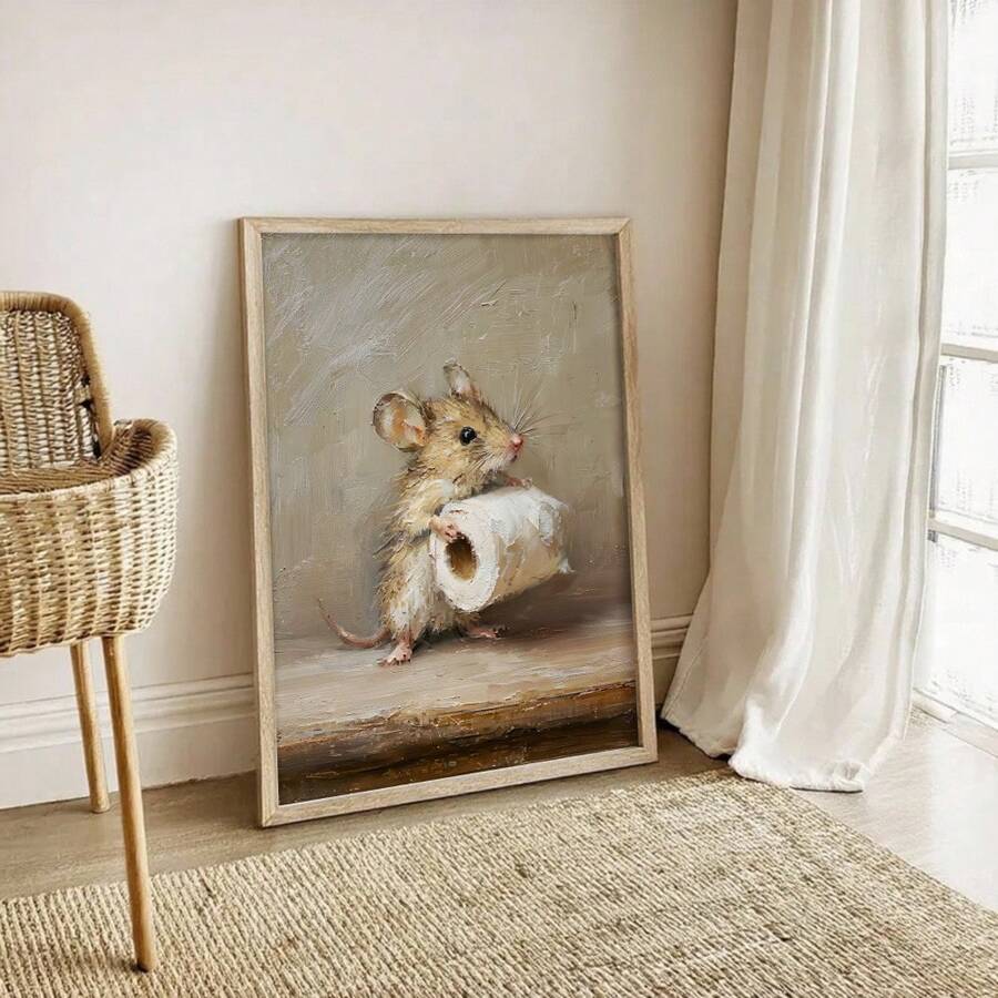 Framed mouse holding toilet paper poster leaning on floor in neutral room