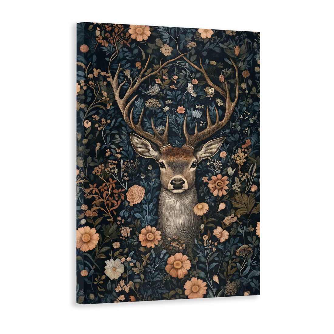 Enhance the ambiance of your living room, sofa backdrop, or bedside with this vintage floral deer canvas. The dark navy botanical print, featuring a majestic buck portrait, adds a touch of elegance to your home décor. Expertly crafted, this wall art is sure to elevate your space.