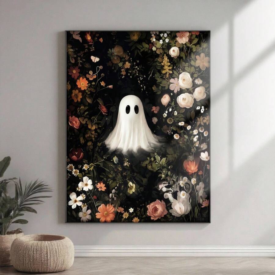 Cute white ghost among dark flowers and butterflies on canvas