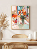 Marigold wine wall art with orange flowers and glassware