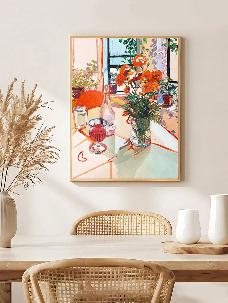 Marigold wine wall art with orange flowers and glassware