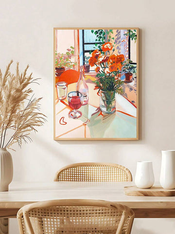 Marigold wine wall art with orange flowers and glassware