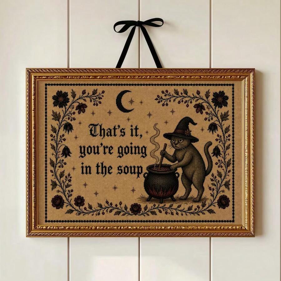 Vintage Floral Witch Cat Canvas poster with dark gothic and country charm. Perfect for witchcore, cottagecore, Halloween, rustic, and cozy home decor.