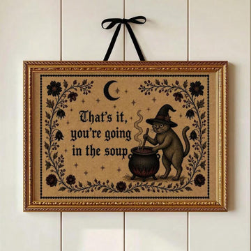 Vintage Floral Witch Cat Canvas poster with dark gothic and country charm. Perfect for witchcore, cottagecore, Halloween, rustic, and cozy home decor.