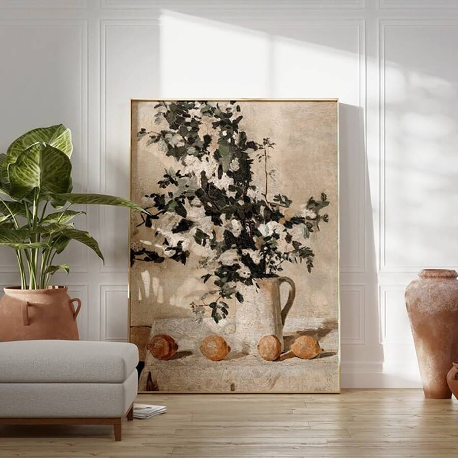 Vintage white rose and lemon botanical canvas poster in ivory olive and ochre in a living room