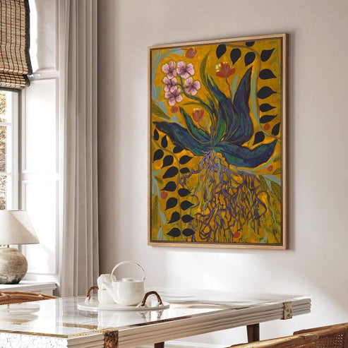 Vintage Folk Art botanical mustard yellow flowers and roots canvas poster