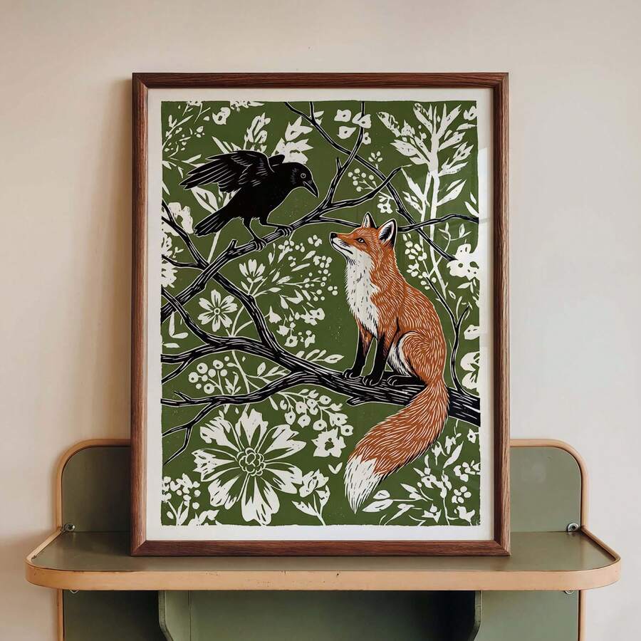 Framed fox and crow folk art poster with cream wildflowers on moss green