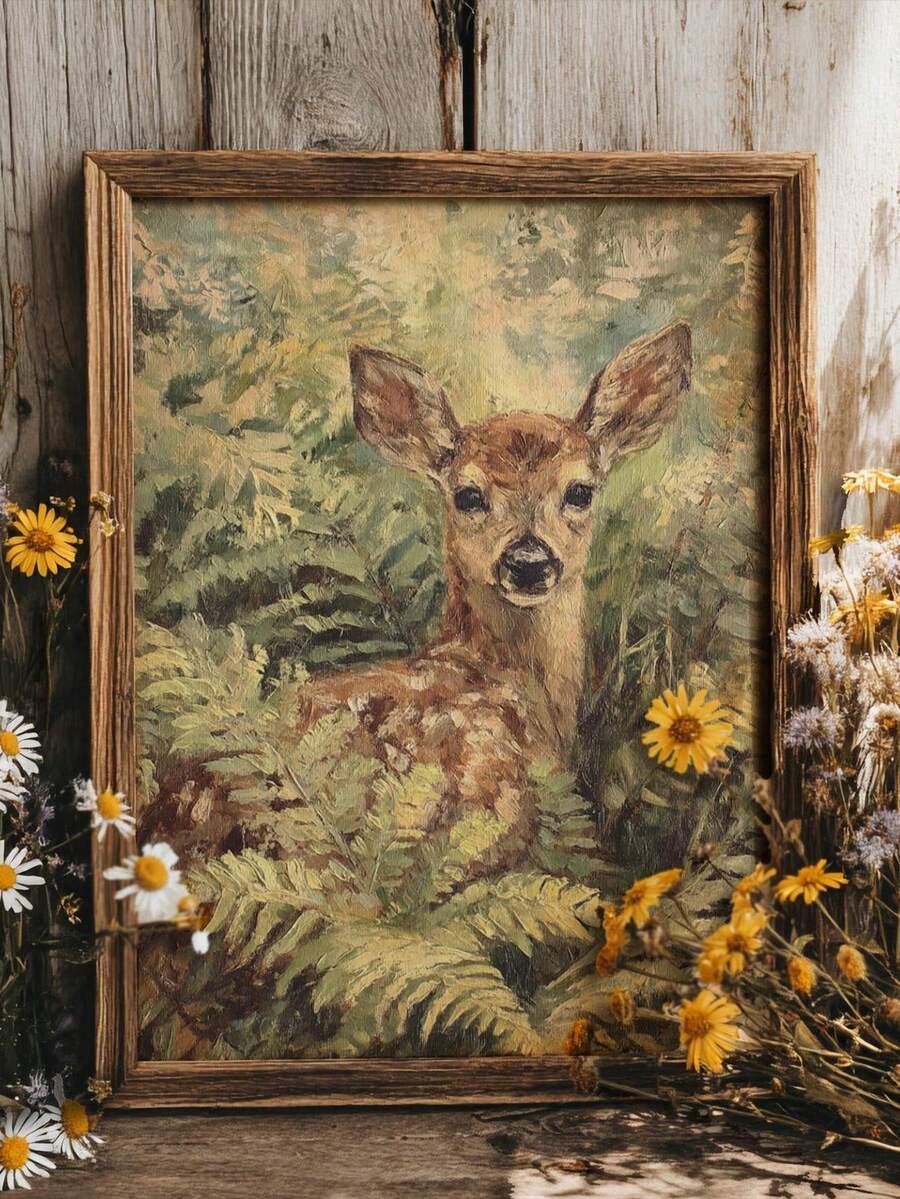Vintage Forest Deer Canvas poster featuring ferns and pastoral oil painting details. Perfect for farmhouse, rustic, woodland, cabin, and nature decor.