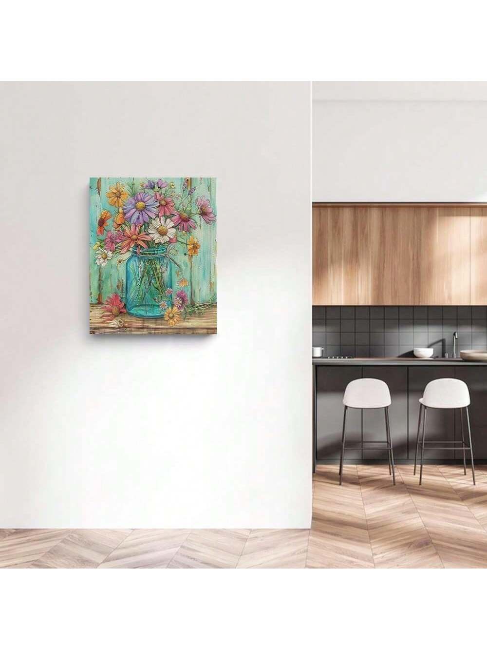 Compliment your home decor with our Vintage Framed Mason Jar Flowers Canvas Wall Art. This abstract piece adds a touch of vintage charm to any space. Made with high-quality materials, it's the perfect addition to any room.