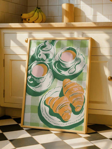 French bistro kitchen wall art with tea cups teapot croissants and green checkered tablecloth