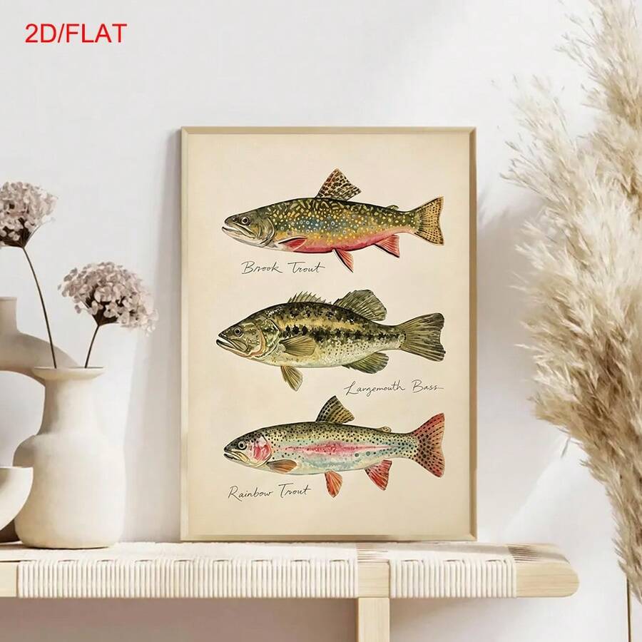Vintage Freshwater Fish Watercolor Illustration Rustic Cabin Canvas Poster 