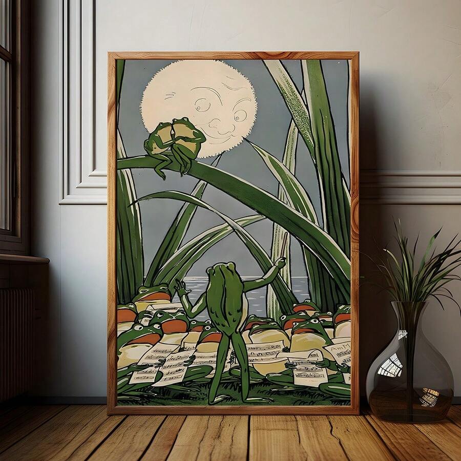 Framed frog choir poster above cream living room chair