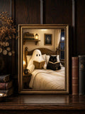 Vintage Ghost & Black Cat Reading Dark Academia Canvas Poster 