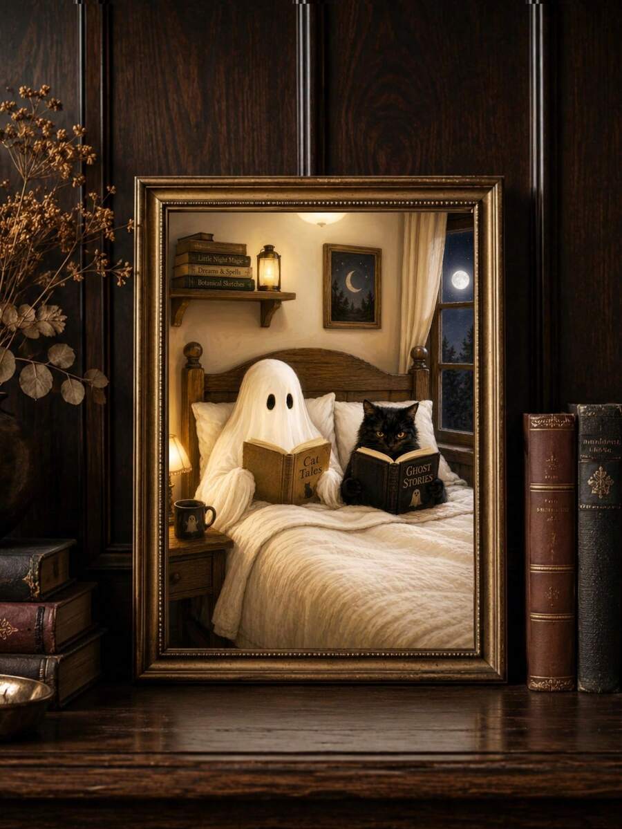 Vintage Ghost & Black Cat Reading Dark Academia Canvas Poster 