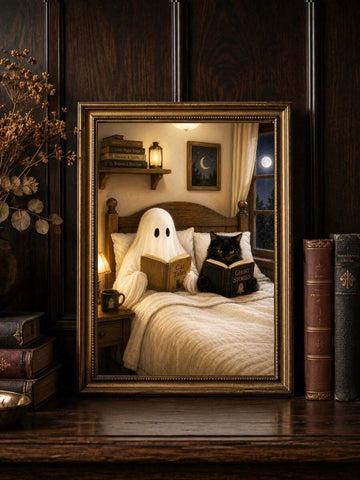 Vintage Ghost & Black Cat Reading Dark Academia Canvas Poster 
