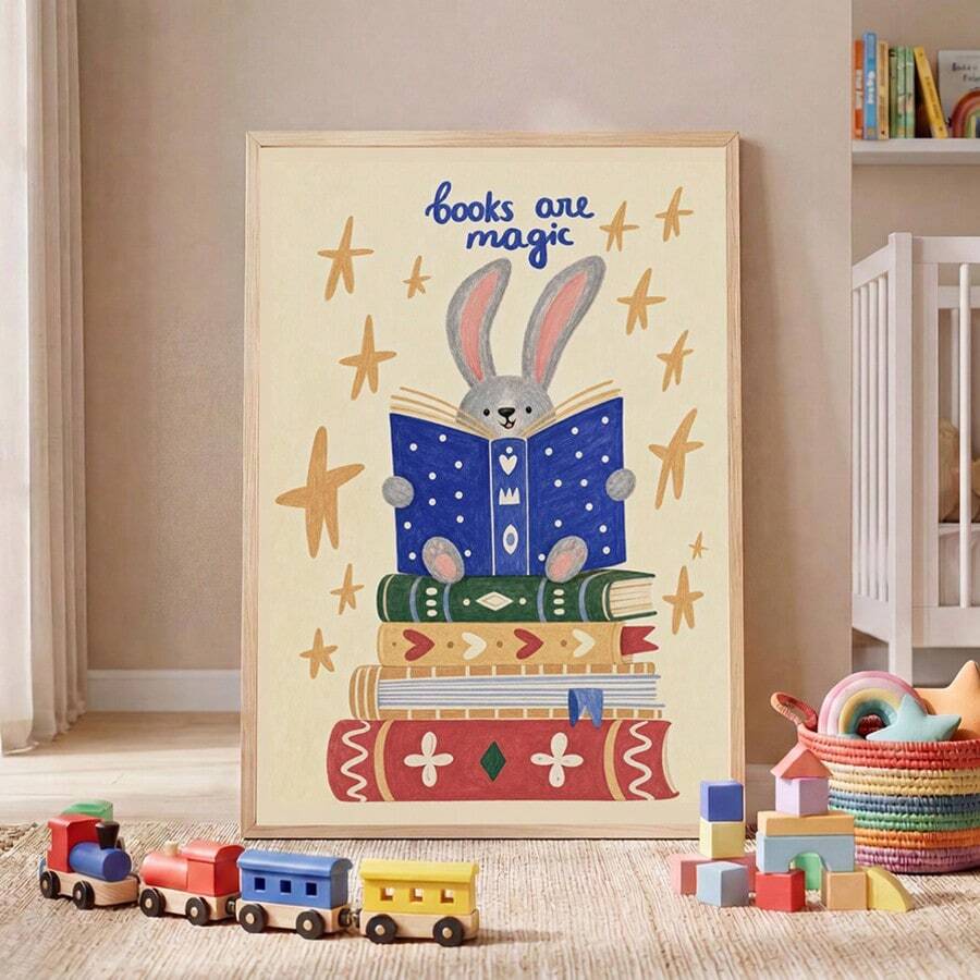 Framed books are magic bunny reading poster beside children toys