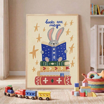 Framed books are magic bunny reading poster beside children toys
