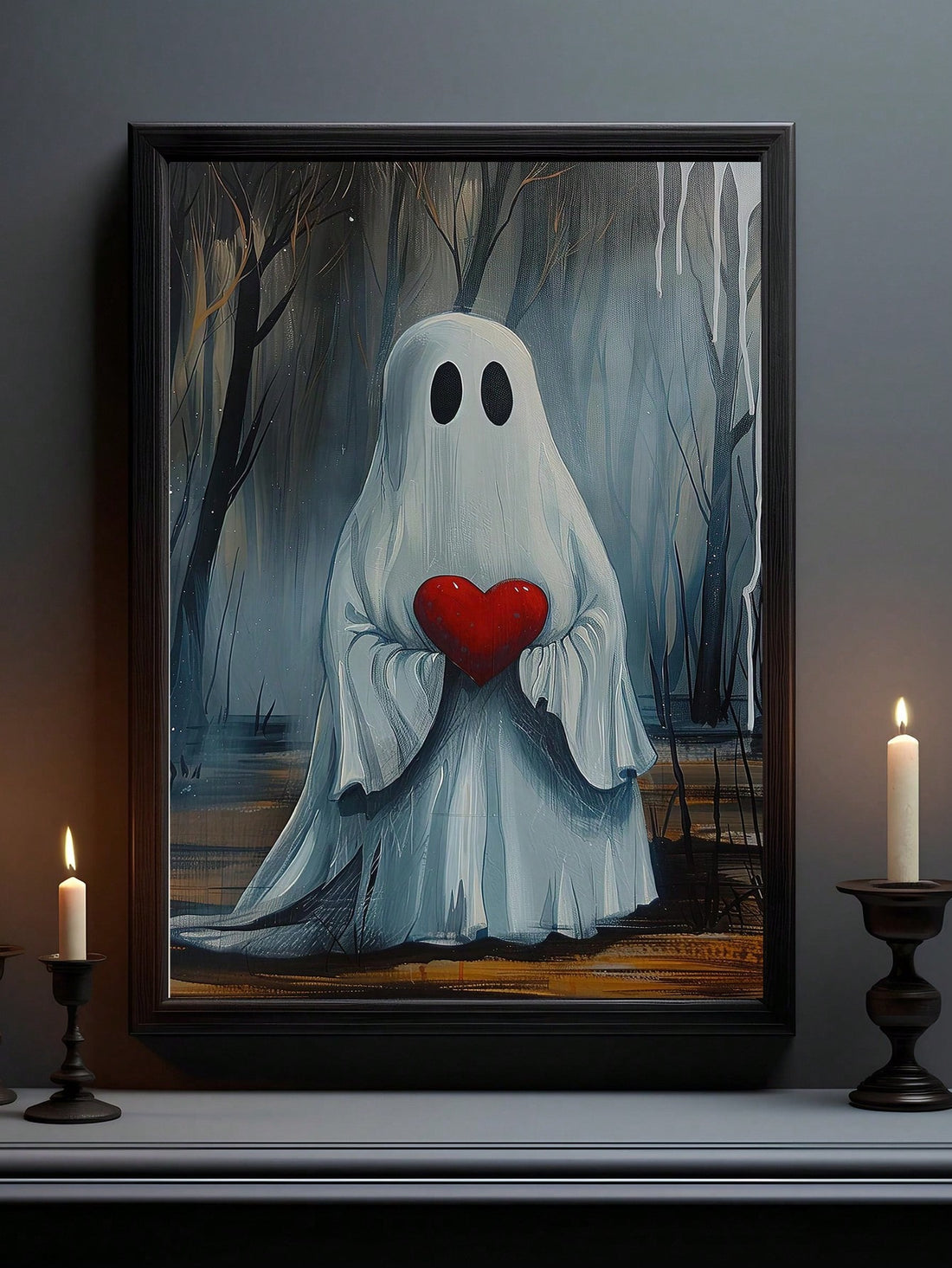 Add a touch of nostalgic charm to your Halloween decor with this Vintage Ghost Holding Heart Canvas Art. Expertly crafted, it blends spooky and sweet elements, making it ideal for festive living rooms and bedrooms. The timeless design enhances seasonal ambiance while maintaining a warm, inviting feel. Durable and easy to hang, this canvas art is a sophisticated choice for those seeking unique, tasteful Halloween decorations.