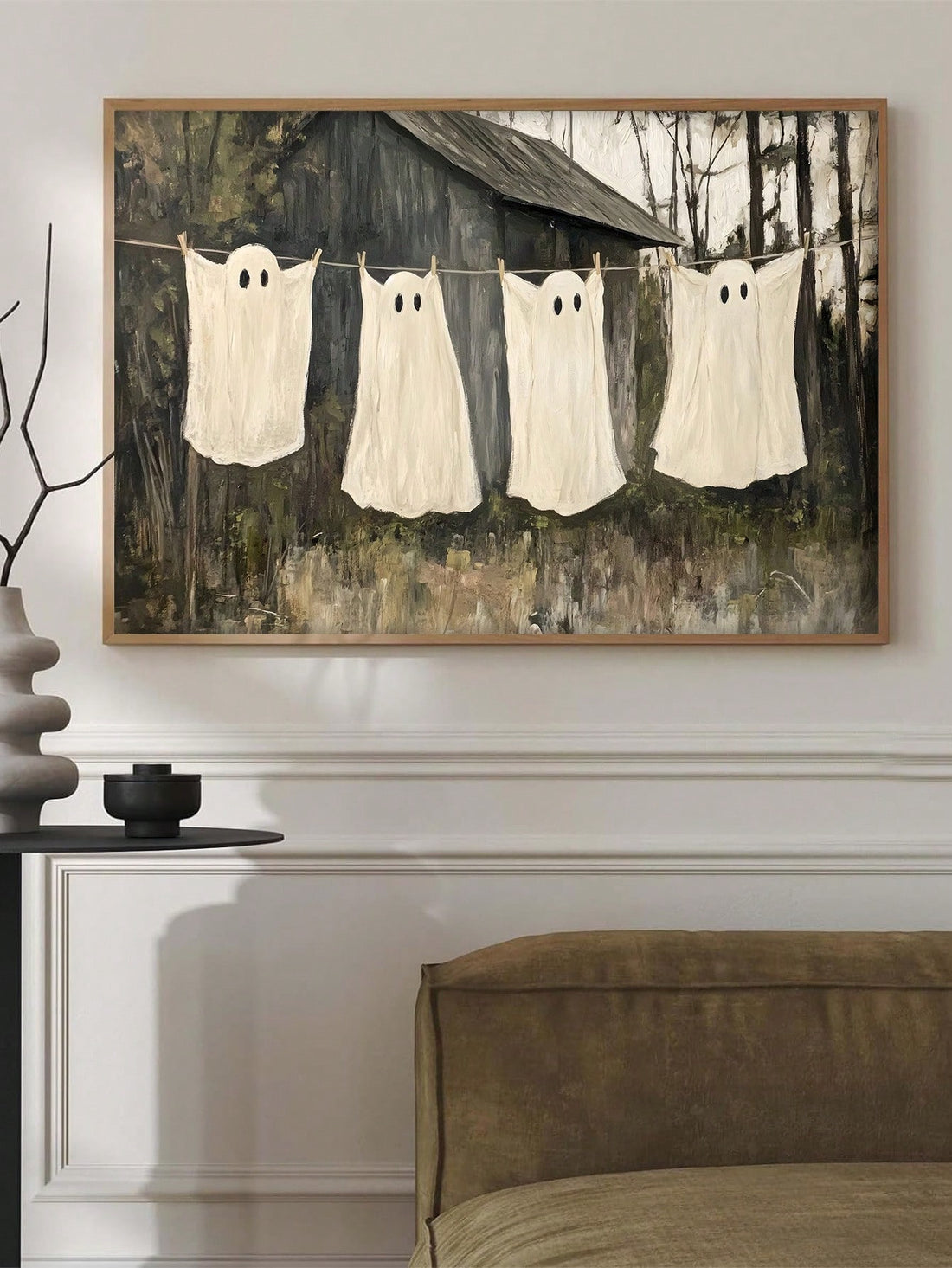 Add a touch of nostalgic charm to your autumn decor with this Vintage Ghost Laundry Wall Art. Featuring soft pastel hues, it perfectly complements farmhouse style interiors while evoking the cozy spirit of Halloween. Crafted to blend seamlessly with seasonal aesthetics, this piece enhances your space with subtle, timeless appeal. Ideal for those seeking a refined yet festive decoration that celebrates fall’s warmth and whimsy.