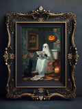Vintage Ghost Toilet Reading Newspaper Canvas poster with quirky gothic humor. Perfect for bathrooms, Halloween decor, guest spaces, and eclectic interiors.