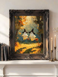 Two witch ghosts riding broomsticks through glowing autumn woodland