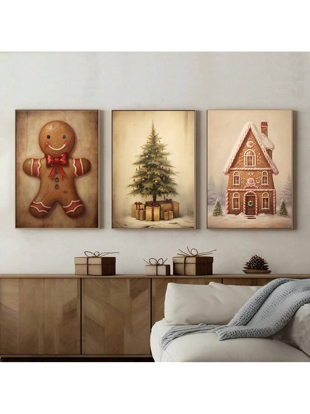 Bring nostalgic charm to your holiday décor with this vintage-inspired gingerbread house art set. Each unframed print captures the warmth and whimsy of classic Christmas traditions, featuring rustic details that complement farmhouse, cottage, and eclectic home aesthetics. Perfect for creating a gallery wall or displaying seasonally, these pieces add character without overwhelming your space. The unframed design offers flexibility—pair with your choice of frames for a personalized look that matches your exis
