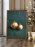 Gold bauble canvas in a gold frame beside a lit Christmas tree