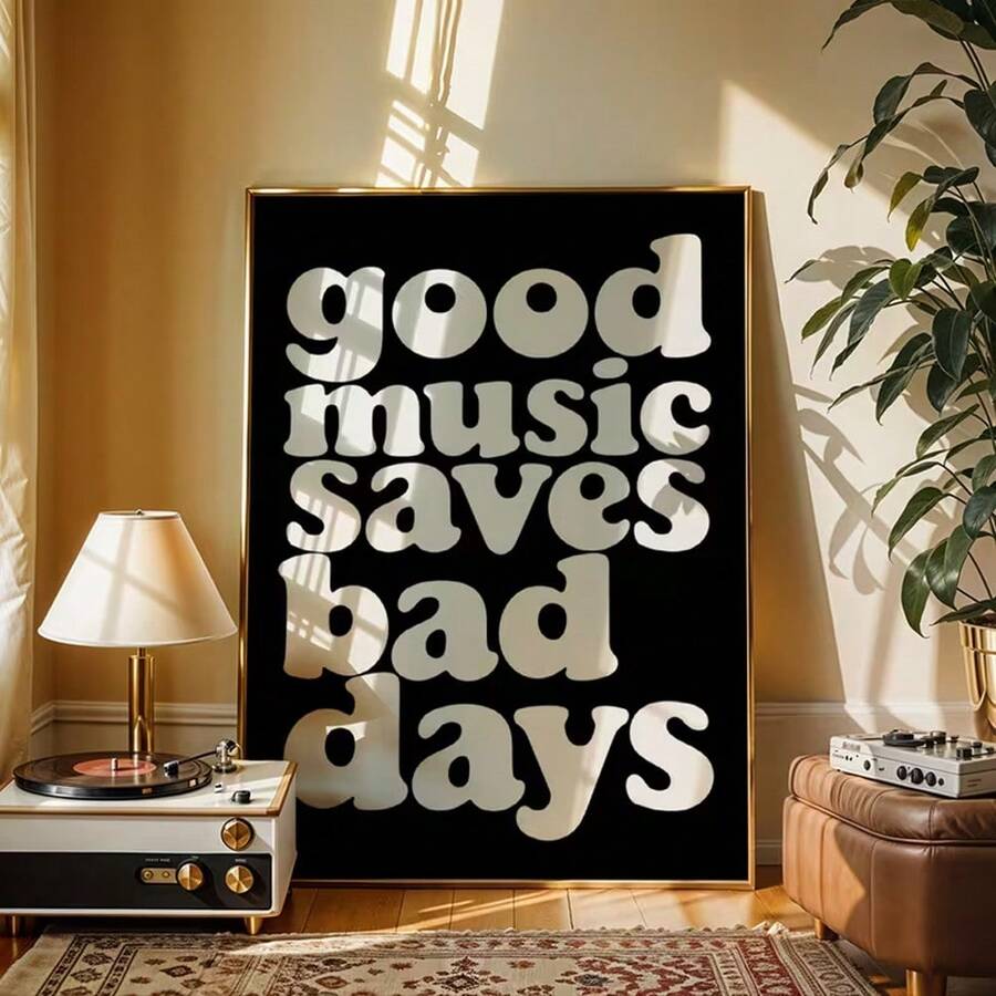 Black and white good music saves bad days canvas poster in a music room
