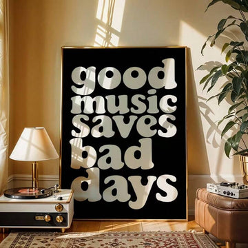 Black and white good music saves bad days canvas poster in a music room