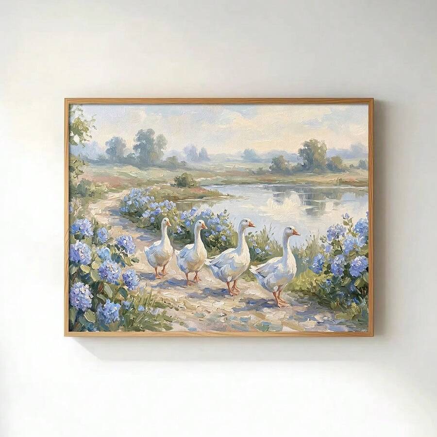 Bring rustic charm to your home with this vintage-inspired canvas poster featuring a graceful goose and delicate hydrangeas. Perfect for entryways, living rooms, and dining spaces, this pastoral artwork combines timeless farmhouse aesthetics with modern décor sensibilities.