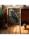 Botanical raven art in natural wood frame by sunny window