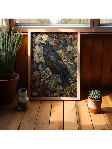 Botanical raven art in natural wood frame by sunny window