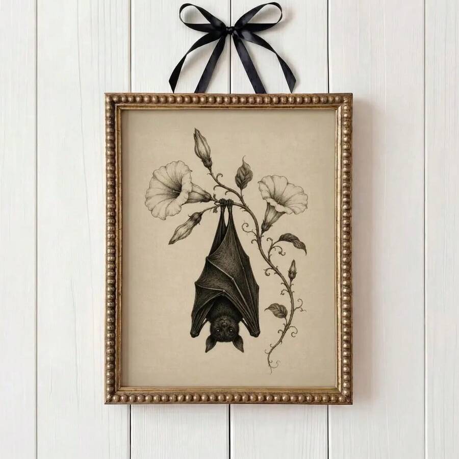 Gothic botanical vampire bat canvas poster in gold frame