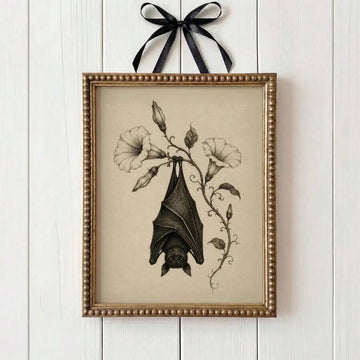 Gothic botanical vampire bat canvas poster in gold frame