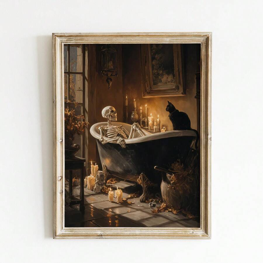 Vintage gothic skeleton bathtub artwork with a black cat and glowing candles shown in an antique gold-toned frame
