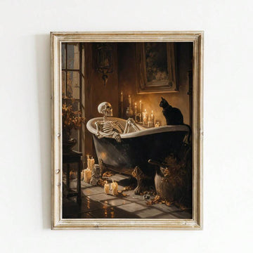 Vintage gothic skeleton bathtub artwork with a black cat and glowing candles shown in an antique gold-toned frame
