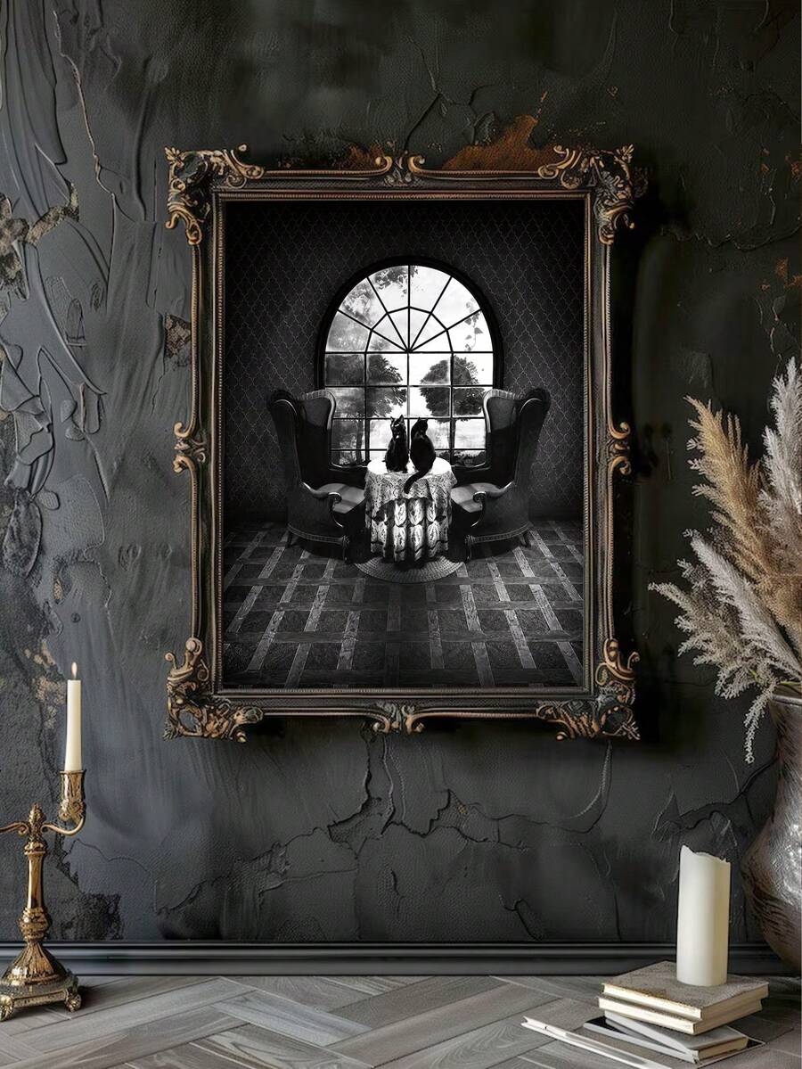 Framed gothic print of two black cats at a lace-covered table before an arched window on a dark textured wall