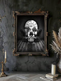 Framed gothic print of two black cats at a lace-covered table before an arched window on a dark textured wall
