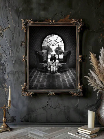 Framed gothic print of two black cats at a lace-covered table before an arched window on a dark textured wall