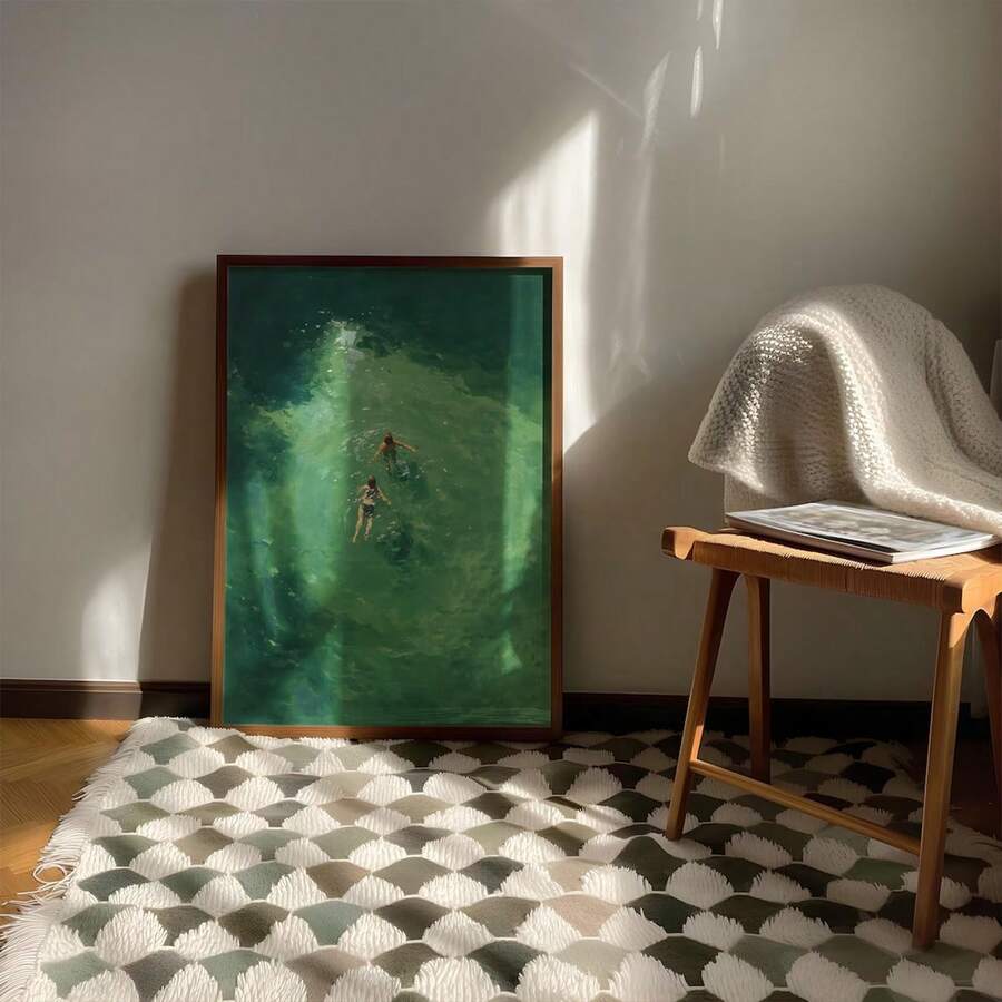 Bring coastal charm into your space with this vintage-inspired green abstract swimming poster. Perfect for summer aesthetics, this minimalist wall art captures the essence of relaxation and natural beauty. Printed on high-quality canvas, it's waterproof and ready to enhance your home office, bedroom, or living area. The modern graphic design blends figure and botanical elements for a sophisticated, contemporary look that complements any décor style.