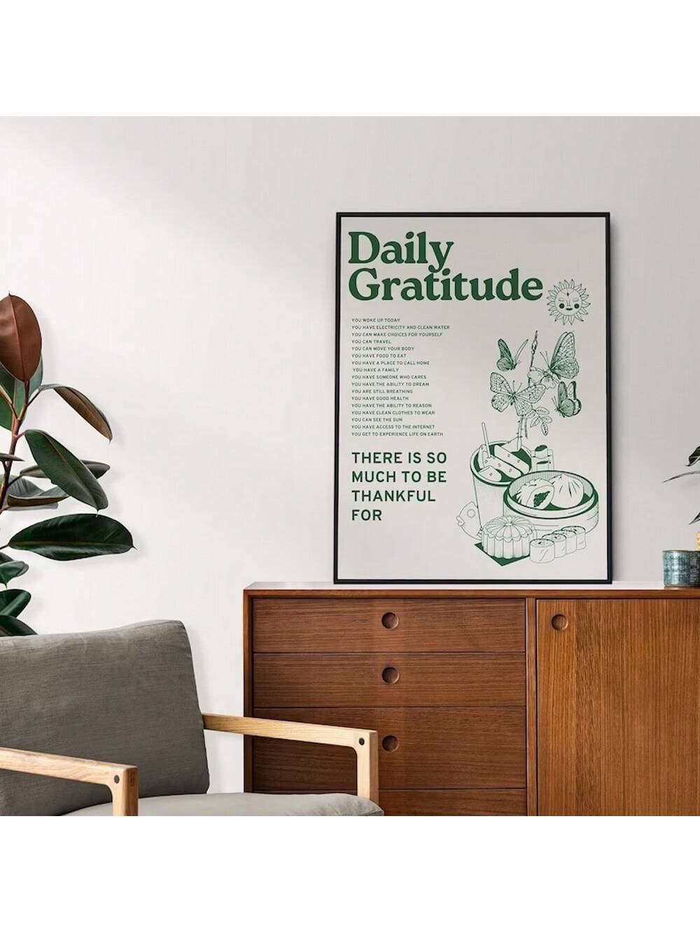 This vintage green gratitude wall art features a cute sunflower and butterfly on a canvas poster. Perfect for adding an aesthetic touch to your living room, sofa backdrop, or bedside, this piece also serves as a reminder to be thankful. No frame needed.