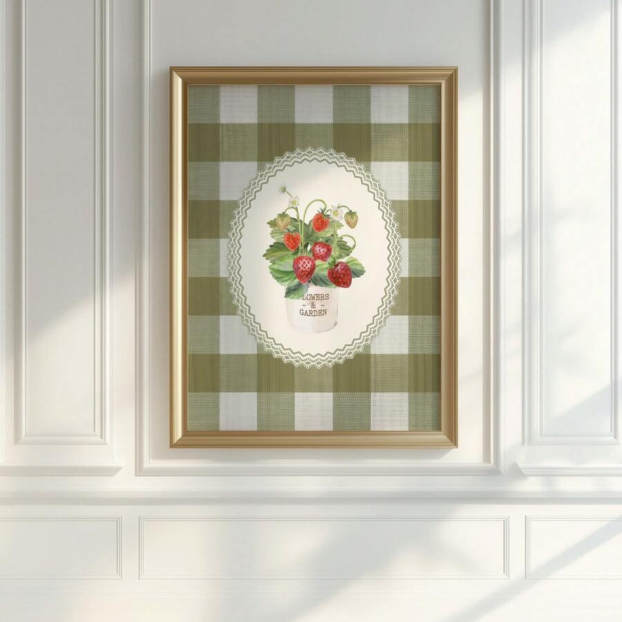 Vintage Green Strawberry Plaid Country Kitchen Canvas Poster