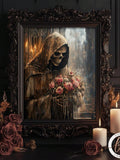 Hooded grim reaper skeleton holds pink rose bouquet in ornate gothic frame with candles