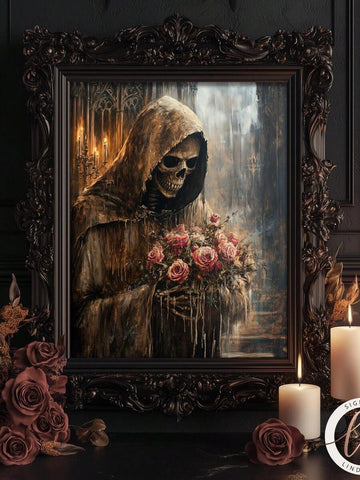 Hooded grim reaper skeleton holds pink rose bouquet in ornate gothic frame with candles