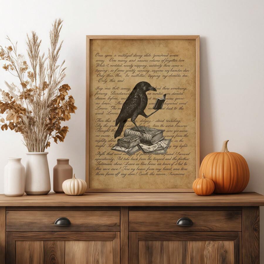 Framed raven literary artwork styled with pumpkins on a rustic sideboard