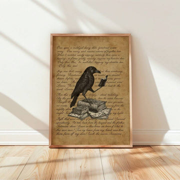 Vintage raven canvas poster with antique books and Poe manuscript backdrop