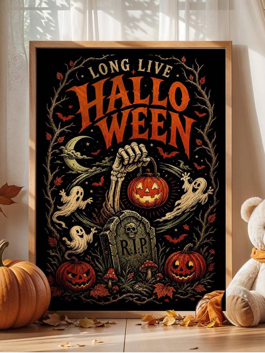 Long Live Halloween poster shows skeleton hand holding pumpkin over RIP gravestone with ghosts