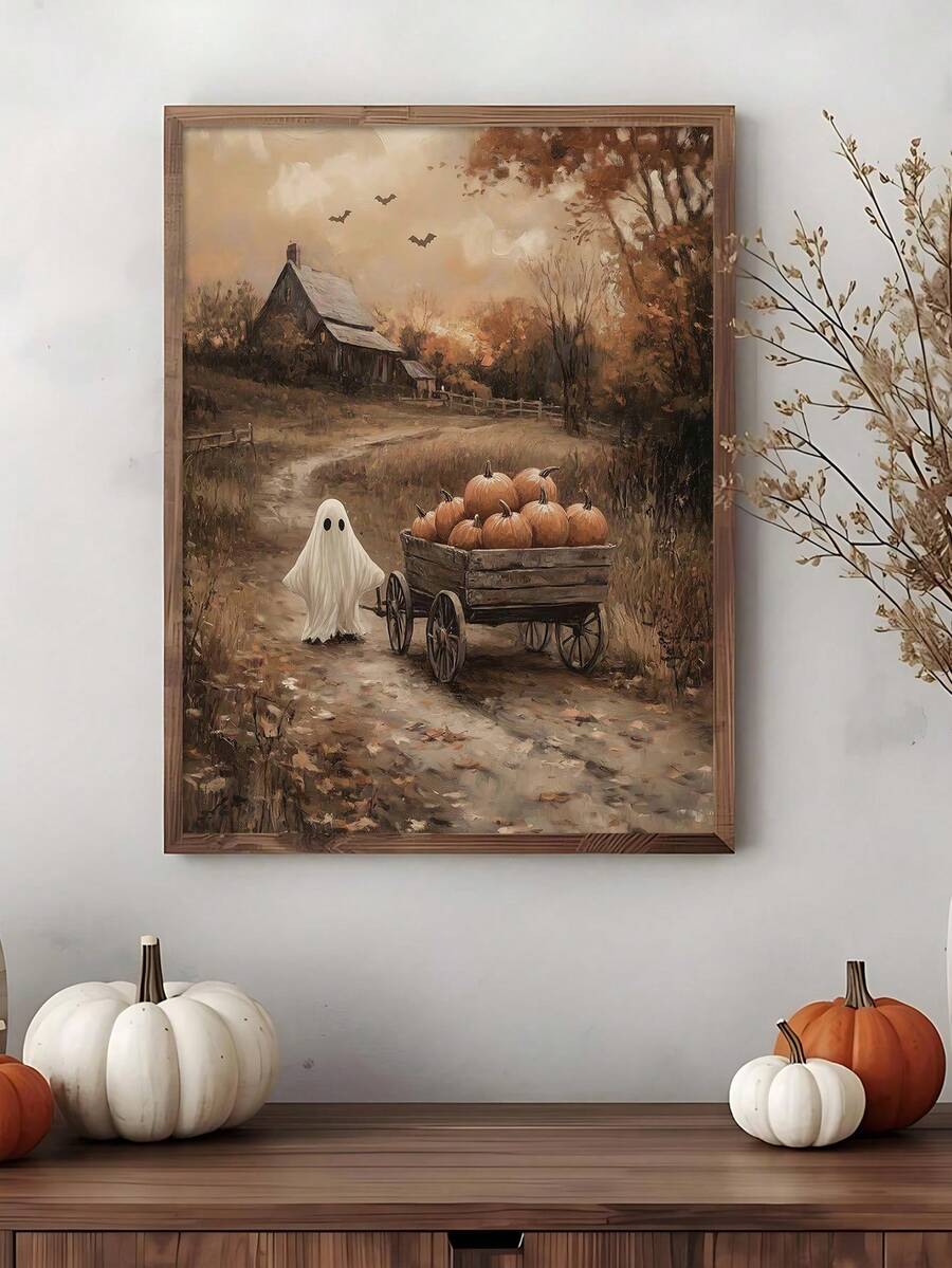 Vintage Halloween ghost and pumpkins framed wall art
