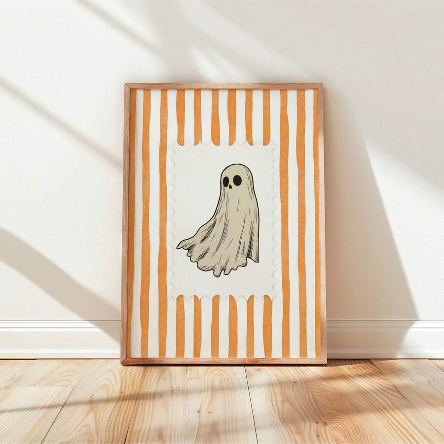 Whimsical Halloween ghost framed wall art with orange stripes