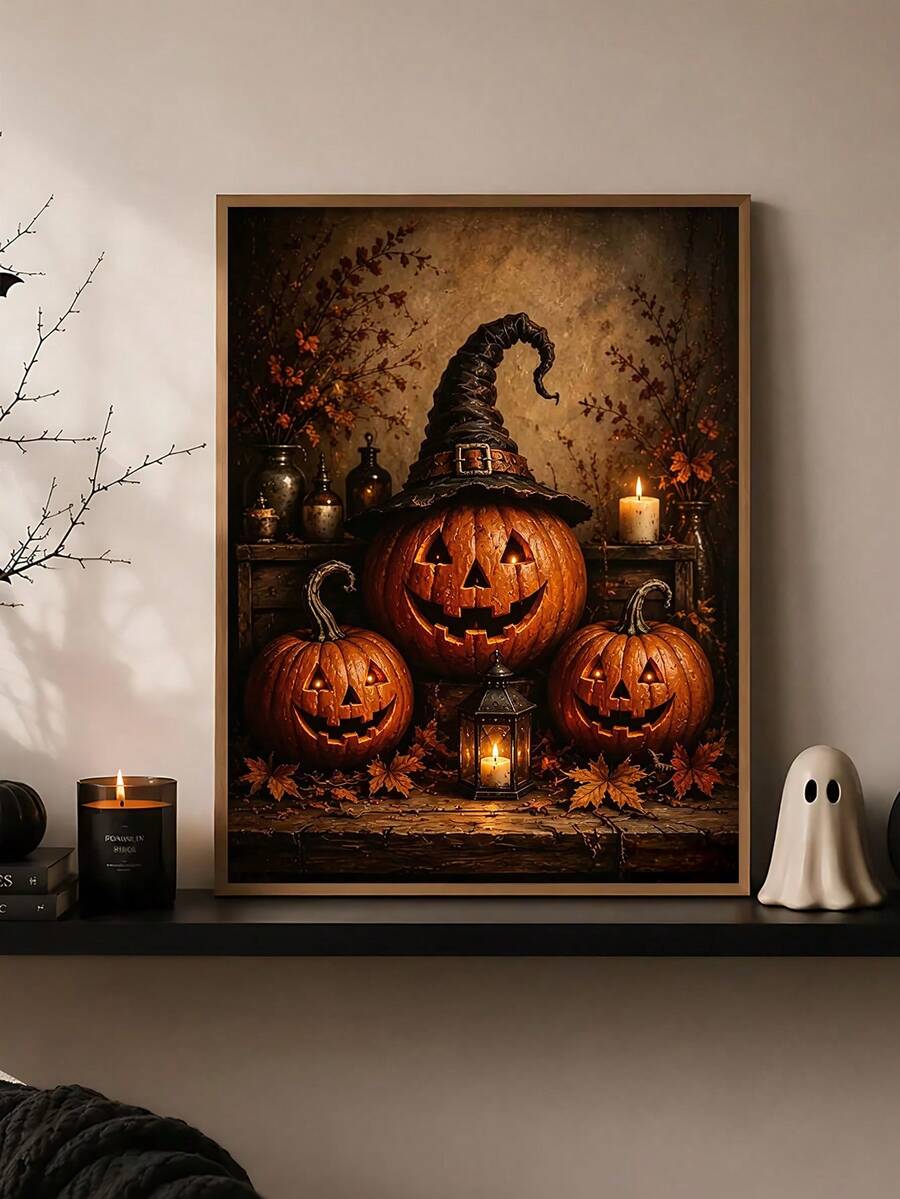 Framed canvas of three glowing jack-o-lanterns with a black witch hat, candle and autumn leaves
